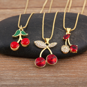 QIKU kalung liontin bentuk stroberi ceri buah lucu perhiasan tembaga zirkonia kubik Aksesori hadiah Festival pakaian sehari-hari wanita - Product Image 2