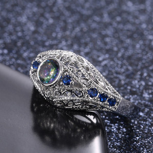 Anillo de compromiso de moda para mujer H217 con gema de zafiro, engaste de bisel, piedra natural redonda y diseño de plantas - Product Image 3