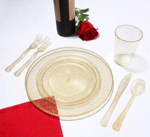 Ensembles de vaisselle jetable à paillettes dorées assiettes rondes en matériau PS tasses avec argenterie pour les fêtes de mariage échantillon gratuit - Product Image 1