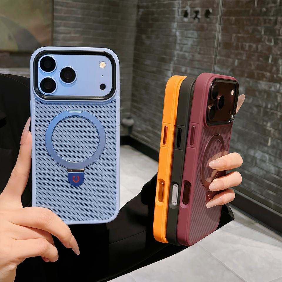Carbon Fiber Texture Magnetic Holder Case for iPhone 18 Pro 17 Pro Max ...