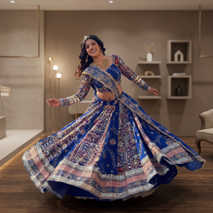 Vestido Étnico Bordado Floral Azul Terciopelo Moderno Estilo A-Line Maxi Lehenga Choli para Mujer, Ideal para Bodas y Festivales - Product Image 1