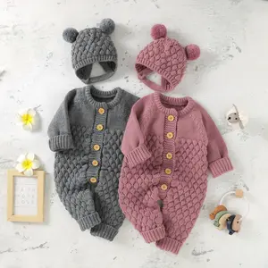 Wholesale newborn Baby winter knitted solid jumpsuit long sleeves sweater rompers with hat for babies