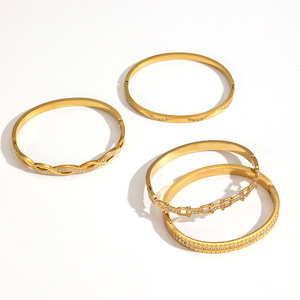 Fashion <b>Bangle</b> <b>Set</b> 18k Gold Plated Stainless Steel Diamond Encrusted Spring Loaded Opening Unisex Jewelry Gift - Product Image 4