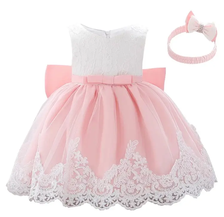 New baby girls princess dress kids lace bow puffy trailing birthday party wending dress baby girls pettiskirt Baby Party Dress