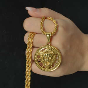 Pendentif Collier Homme Tête de Lion Creuse Ronde Personnalisable en Acier Inoxydable 316L Plaqué Or 18K avec Cordon Tressé Épais - Product Image 3