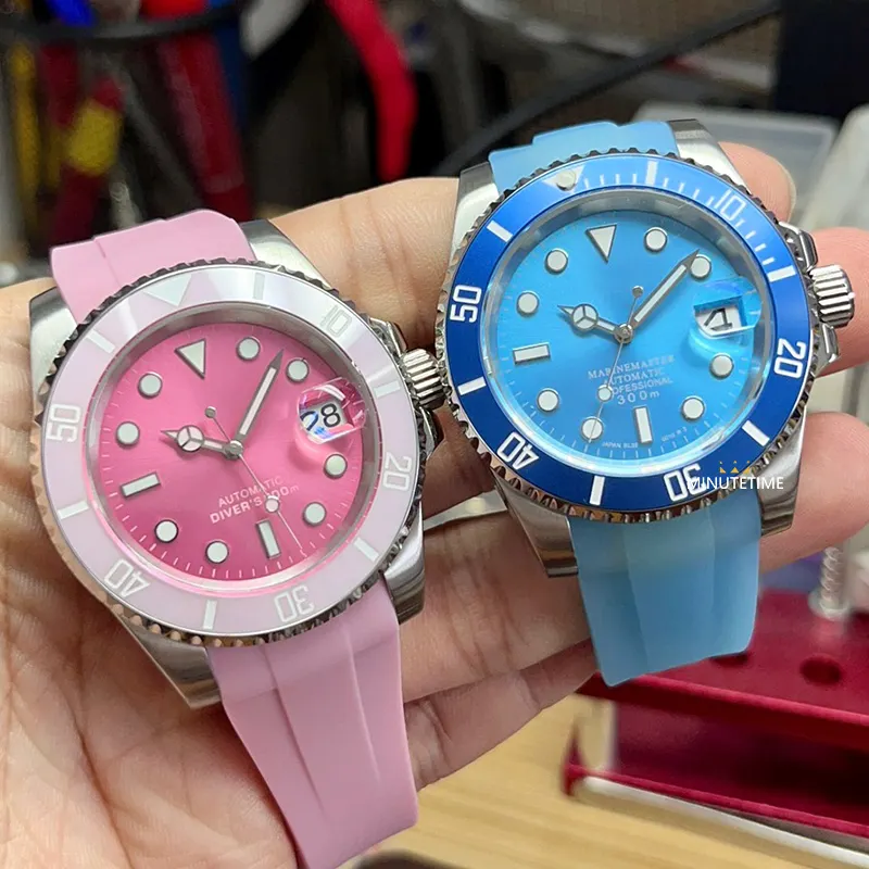 Mod NH35 Japan Movement 40mm Sub marine Case Pink Blue Candy Sapphire Rubber Strap Luminous Automatic Mechanical Wristwatches