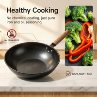 Wok en acier au carbone 20 cm antiadhésif avec manche en bois pour cuisinière à gaz et à induction, idéal pour la cuisson à la wok à la maison