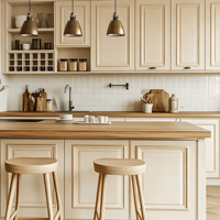 Ensemble de meubles de cuisine modernes et minimalistes gris clair avec panneaux Shaker, îlot en bois et étagères ouvertes avec porte-bouteilles pour villa et appartement