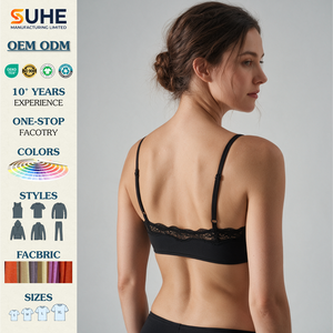SUHE Lace Trim Thin Contoured Cups Breathable Knitted Nylon Spandex Wireless Bralette Women Convertible Strap Yoga Bra V Neck - Product Image 2