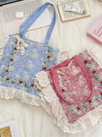 Bolso Tote Vintage de Lona con Bordado Floral a Cuadros, con Volantes y Encaje, de Gran Capacidad, para Niñas, para la Escuela, Viajes y Uso Diario