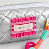 Trousse à crayons matelassée argentée avec dragonne en corde néon, pochette de maquillage Y2K, trousse à cosmétiques zippée grande capacité, organiseur de papeterie pour filles