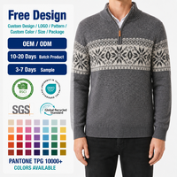 Pull en tricot gris à motif flocon de neige nordique pour homme avec logo personnalisé, mélange de laine, col zippé 1/4, pour l'hiver, décontracté