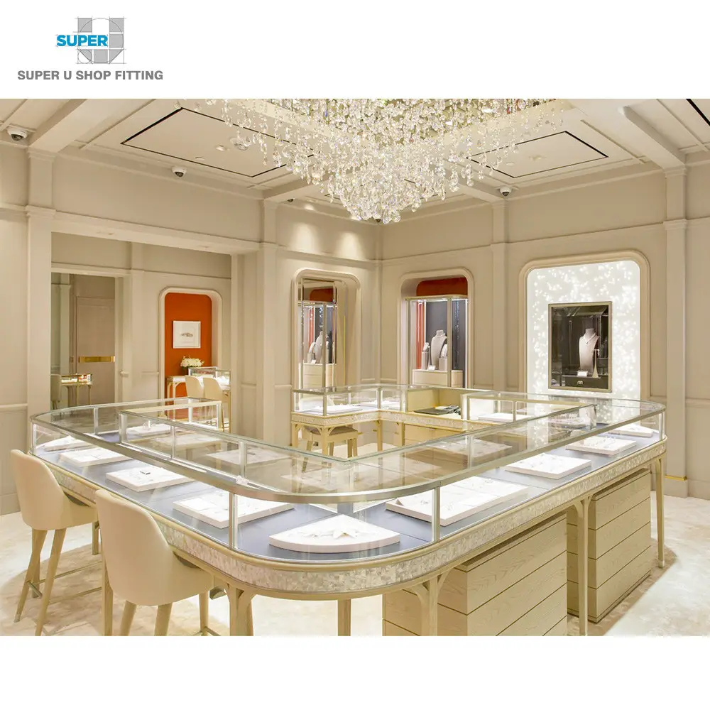 Retail Display Showcase Luxury Jewelry Store Display Retail Custom Champagne Gold Stainless Steel Display Showcase For Jewelry Store And Counter