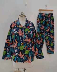 Conjunto de Pijama para Mujer con Estampado Floral Tropical, Manga Larga, Botones al Frente, Ropa de Dormir de Algodón, Ropa Casual de Verano - Product Image 2