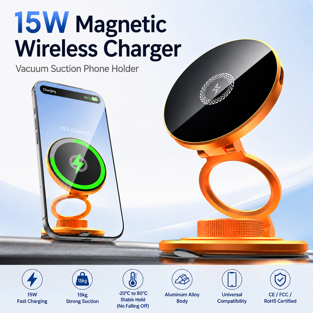 15W Magnetic Wireless Car Charger Vacuum Suction Phone Holder Ultra Slim Aluminum Alloy Fast Charging Dashboard Mount