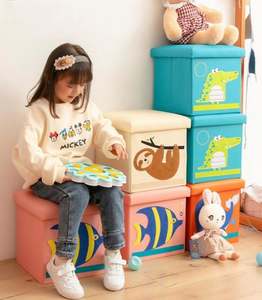 Taburete Plegable de Estilo Japonés y Francés con Caja de Almacenamiento de Juguetes de Animales de Dibujos Animados, Capacidad de Carga para Sala de Estar y Dormitorio - Product Image 2