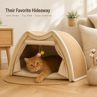 Lit pour chat en bois, dôme arqué, maisonnette pour chat, tente à gratter en jute, coussin amovible, jouet, meuble d'intérieur pour animaux de compagnie