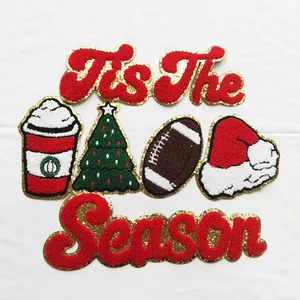 Custom Wholesale christmas merry large Embroidery chenille Sequins letters Iron On Patches for fall Clothing Clothes