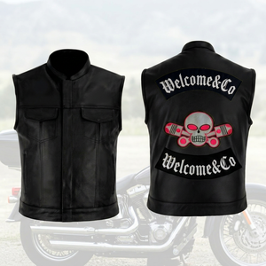 Men's Winter Genuine Leather Biker <b>Vest</b> Motorcycle Waistcoat <b>Black</b> Sleeveless ODM Outerwear with Patch Design Plain Embroidery - Product Image 1