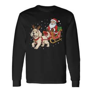 T-shirt à manches longues pour adulte, unisexe, col rond, impression numérique, Père Noël, chien Goldendoodle, rennes, traîneau, Noël - Product Image 1
