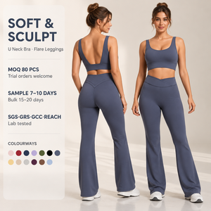 Set Yoga 2 Pezzi per Donna: Reggiseno Sportivo con Scollo <span class=keywords><strong>a</strong></span> U e Leggings <span class=keywords><strong>a</strong></span> Zampa, Completo da Allenamento con Imbottitura Rimovibile, Schiena Aperta e Fascia in Vita Incrociata - Product Image 1