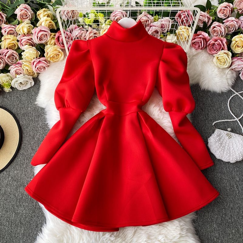 2021 Women's Autumn Dress Korean Style Elegant Lady Dress Turtleneck Puff Sleeve High Waist Dress A- Line Fitting Party Wear