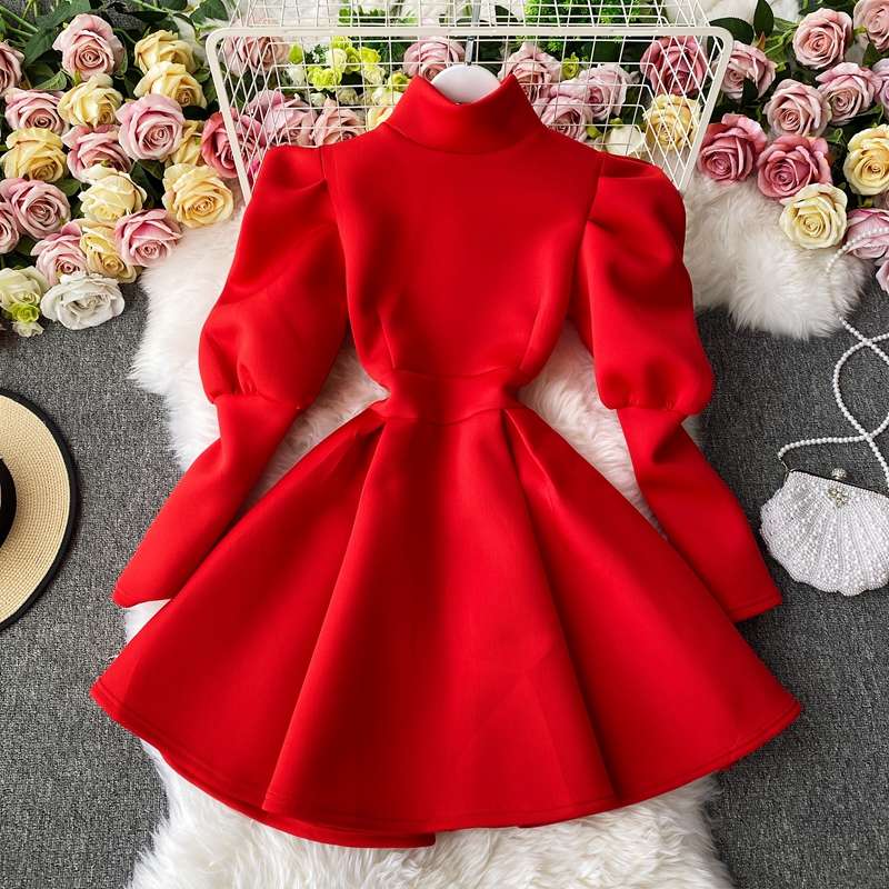 Vestido de Otoño de cuello alto para mujer, elegante vestido de estilo coreano, manga abombada, cintura alta, corte en A, para fiesta, 2021