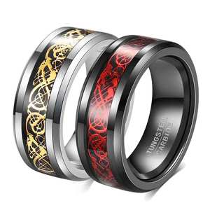 Bague en carbure de tungstène 8 mm avec incrustation de dragon noir, or et rouge, bijoux pour homme, cadeau - Product Image 1