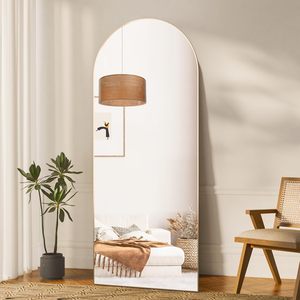 Grande specchio da pavimento ad arco a tutta lunghezza contro il muro per vestirsi da camera da letto e specchio con cornice in oro sottile a parete - Product Image 1