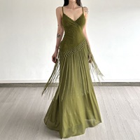 Robe longue élégante pour femme, style rétro unique, imprimé dentelle, col en V, bretelles, taille ajustable avec cordon, franges, style décontracté