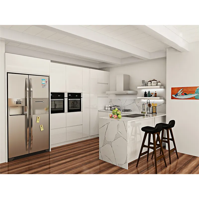 Bom aço inoxidável preço pré fab com limpo handleless olhar armário de cozinha brilhante branco noz madeira cor