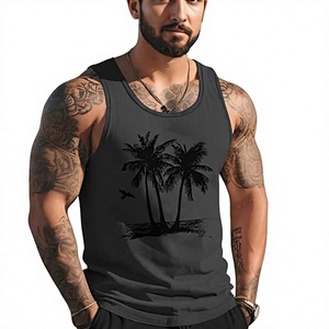 Débardeur noir pour homme, col rond, imprimé palmiers, décontracté, respirant, tricoté, couleur unie - Product Image 1