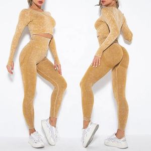 Combinaison de yoga d'entraînement à carreaux sans coutures pour femmes, vêtements de sport à manches longues, leggings et pantalons pour l'entraînement sportif et la course à pied OEM ODM - Product Image 3