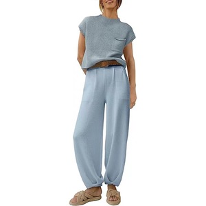 Loveda Custom Private Label Mujeres Sólido Leggings <span class=keywords><strong>Set</strong></span> de manga corta a rayas de dos piezas Mujeres Lounge Sets con bolsillos - Product Image 3