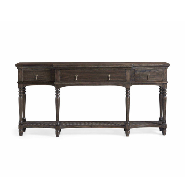 French Provincial Console Table Distressed Dark Wood 3-Drawer Cane Shelf Brass Handle Entryway Hotel Wholesale OEM Custom