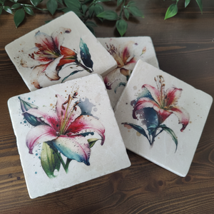 Lily Floral Marble Coasters Rustic Stone Drink Coasters Garden Decor - Product Image 1