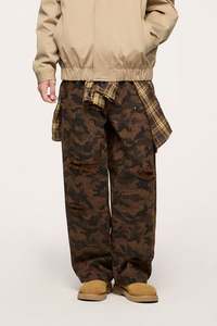 Pantaloni <span class=keywords><strong>Cargo</strong></span> da uomo di alta qualità stile Vintage in tinta unita in cotone ampio ampia vestibilità <span class=keywords><strong>verde</strong></span> nero mimetico pantaloni Casual sul davanti piatto - Product Image 4