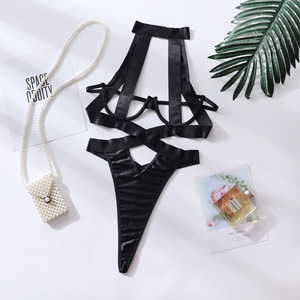 Bodysuit seksi wanita berbahan poliester dobby dengan detail patchwork, tali halter, potongan cutout, punggung terbuka, dan aksen tali-tali.  Cocok untuk clubwear.  ODM, grosir. - Product Image 6