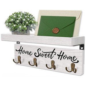 Wooden Wall Mounted Key <b>Hooks</b> Rectangle <b>Black</b> And White With Shelf For Home Entryway Mail And Key Organizer - Product Image 4