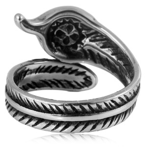 yunnique Feather Shape Black Stone <b>Ring</b> Steel Color Unisex Ethnic Style Fashion Jewelry Gift - Product Image 3