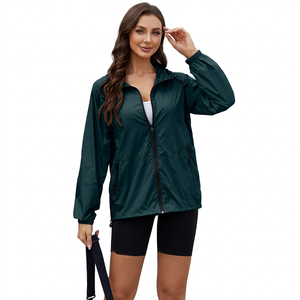 Blouson zippé coupe-vent vert décontracté à manches longues et col rabattu en polyester pour femme – Manteau de printemps - Product Image 1