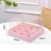 Boîte à gâteaux carrée à 9 compartiments avec base pliable en rose, bleu, blanc, orange, rouge avec couvercle transparent en PET pour l'emballage de cupcakes et de desserts