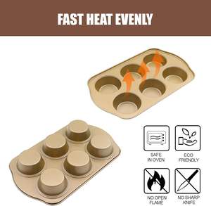 صينية خبز كبيرة من جوهو بيكينج لـ 6 قطع مافن، عبوة من قطعتين، صواني كب كيك غير لاصقة، فولاذ سمك 0.5 ملم، قطر 3.5 بوصة، ملاعق خبز ذهبية كبيرة - Product Image 5