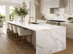 แผ่นควอตซ์พิมพ์ลาย Calacatta Golden Silk จาก UNION STONE ขนาดใหญ่ เป็นมิตรกับสิ่งแวดล้อม ดีไซน์ทันสมัย เหมาะสำหรับผนังห้องครัว พื้นห้องน้ำ - Product Image 6