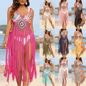 Women Sexy Granny Square Handmade Crochet Beach Bikinis Cover Ups with Fringe