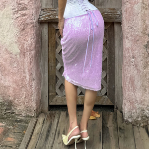 Jupe midi décontractée pour femme, taille naturelle, broderie de sequins violets, design droit écologique, idéale pour festivals, soirées et clubs - Product Image 4