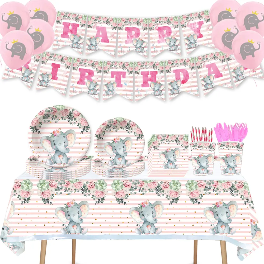 Elefante rosa con fiori Set stoviglie usa e getta 10 persone usano decorazioni per feste piatti tazze tovaglioli cannucce forchette cucchiai