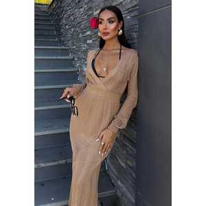 Vestido de punto con cuello en V profundo, ceñido al cuerpo, cintura natural, transpirable, con aberturas, informal y de ocio. - Product Image 5