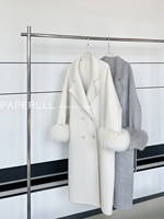 Manteau long en laine de luxe pour femme, blanc uni, à double boutonnage, avec revers en polaire et manchette en fourrure de renard amovible