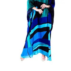 Allover Digital Printing Blue Maxi Dress For Mature Women Royal Blue Vintage Party Dress Plus Size Kaftan Silk Abaya Dress